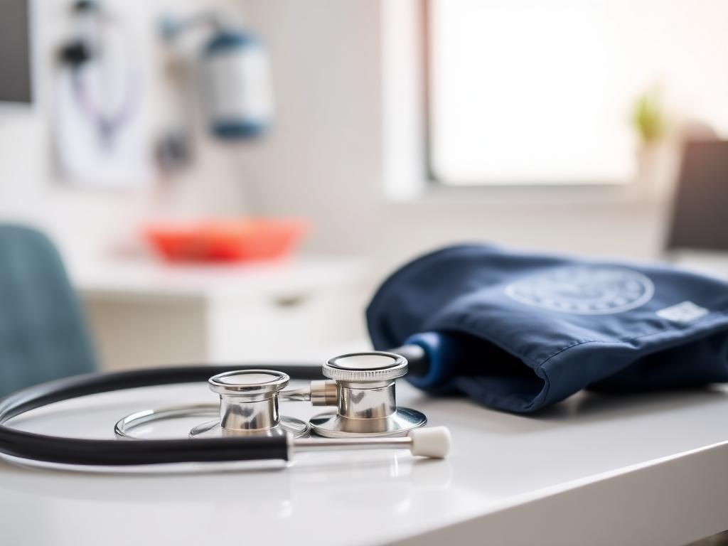 Stethoscope and blood pressure cuff on a clinic desk